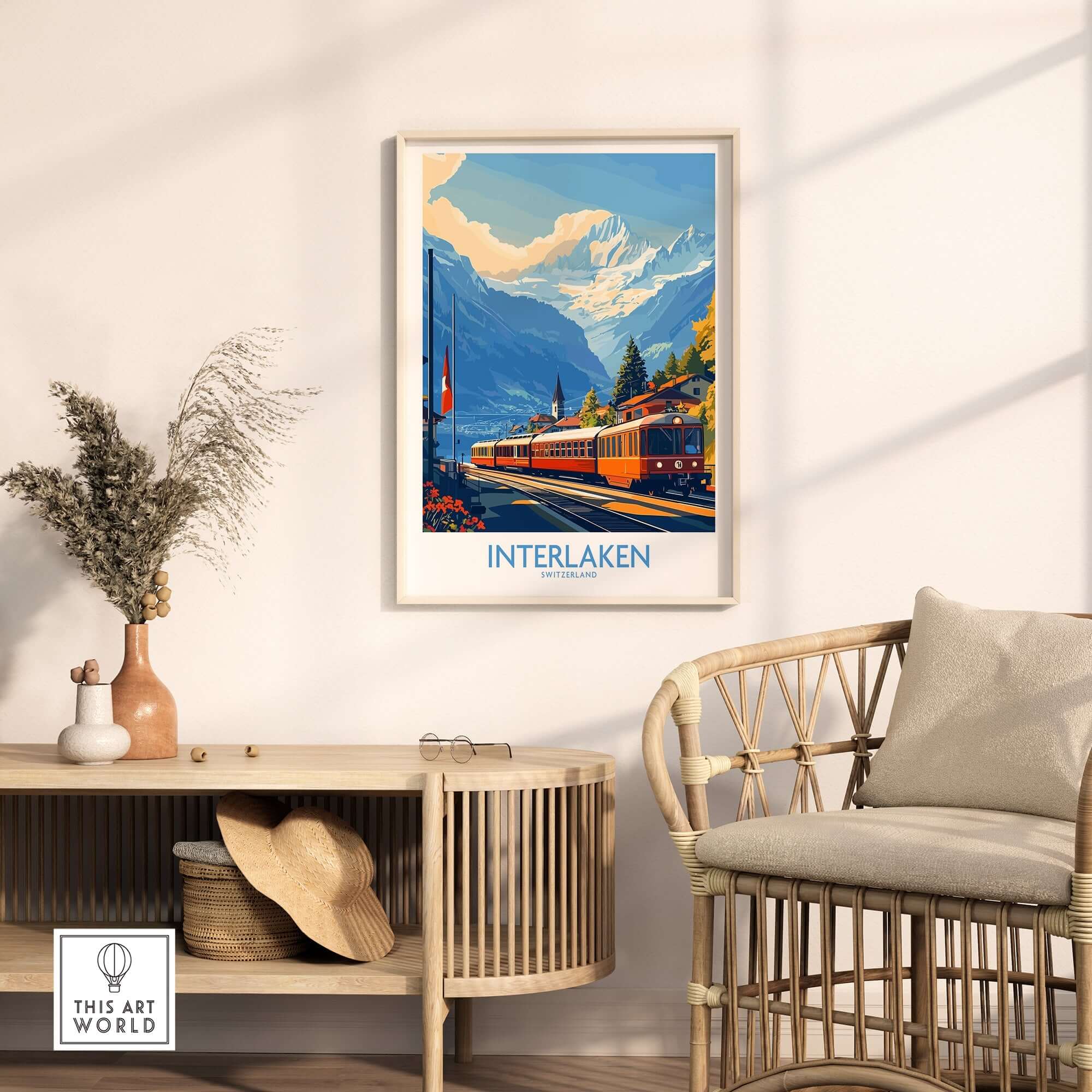 Interlaken Wall Art Print showcasing a scenic train journey in the Swiss Alps, perfect for home decor.