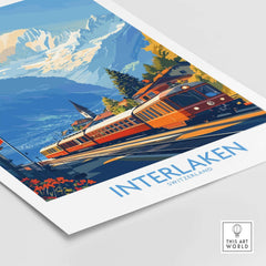 Interlaken Wall Art Print showcasing vibrant Alpine scenery and trains in Switzerland.