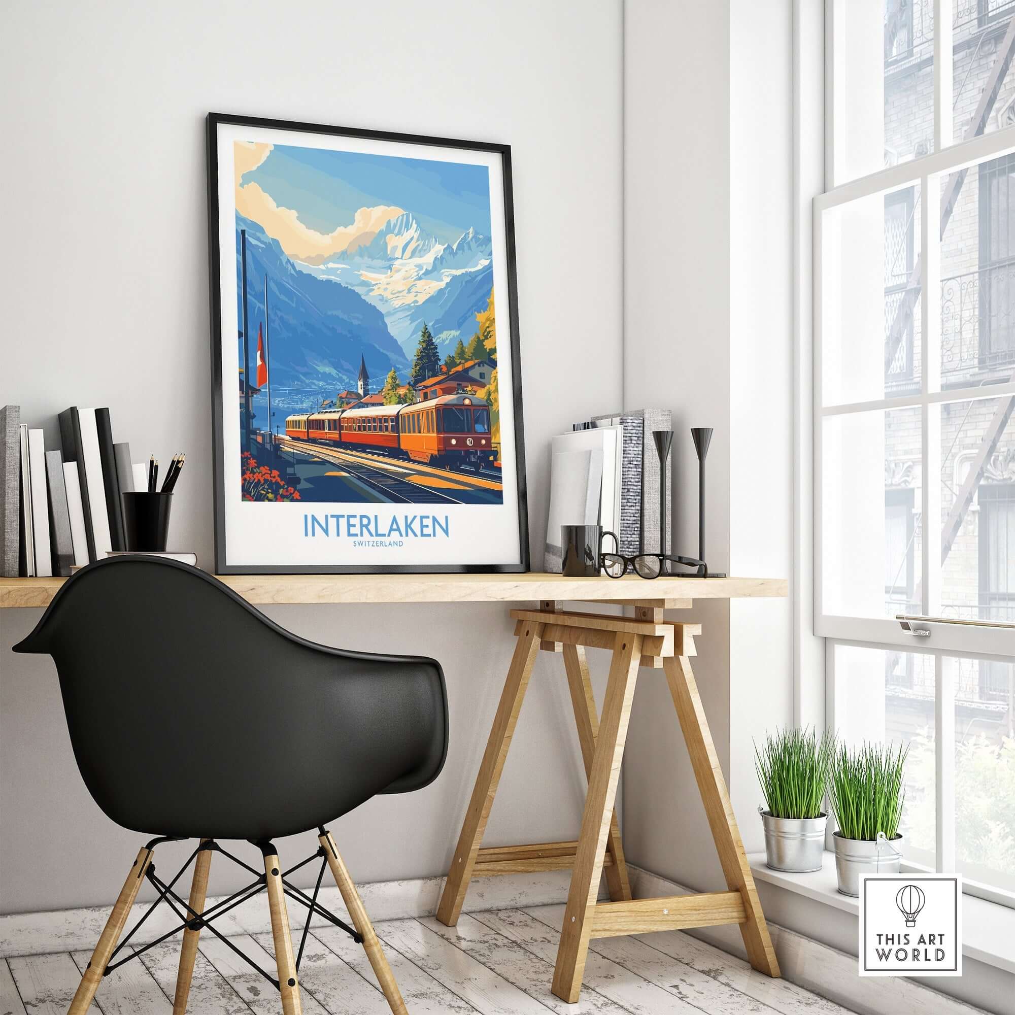 Interlaken Wall Art Print showcasing vibrant Alpine scenery in a stylish interior setting.