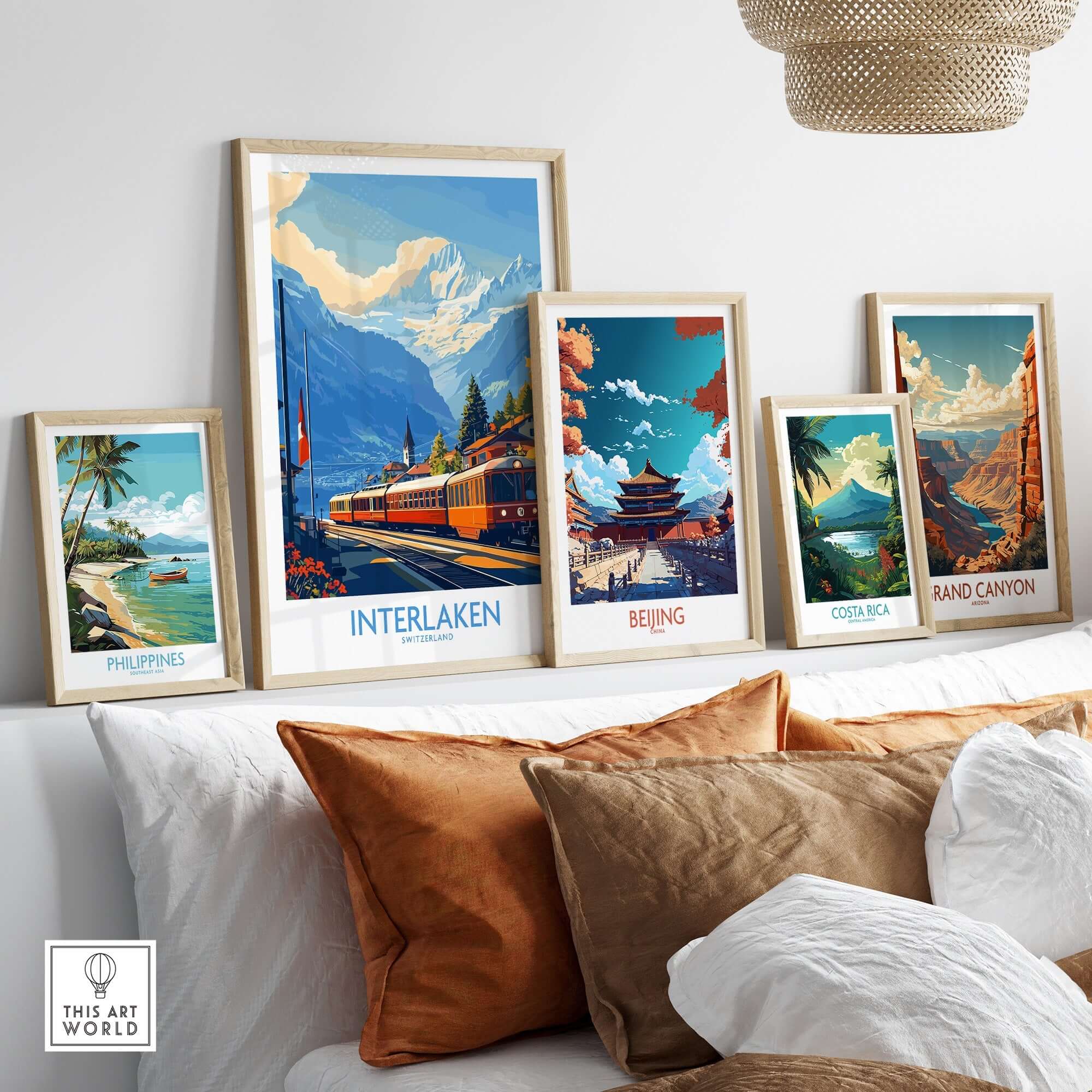 Interlaken Wall Art Print showcased among other framed travel prints in a stylish living room decor setting.
