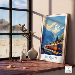 Interlaken Wall Art Print featuring vibrant Alpine scenery and a vintage train near a window.