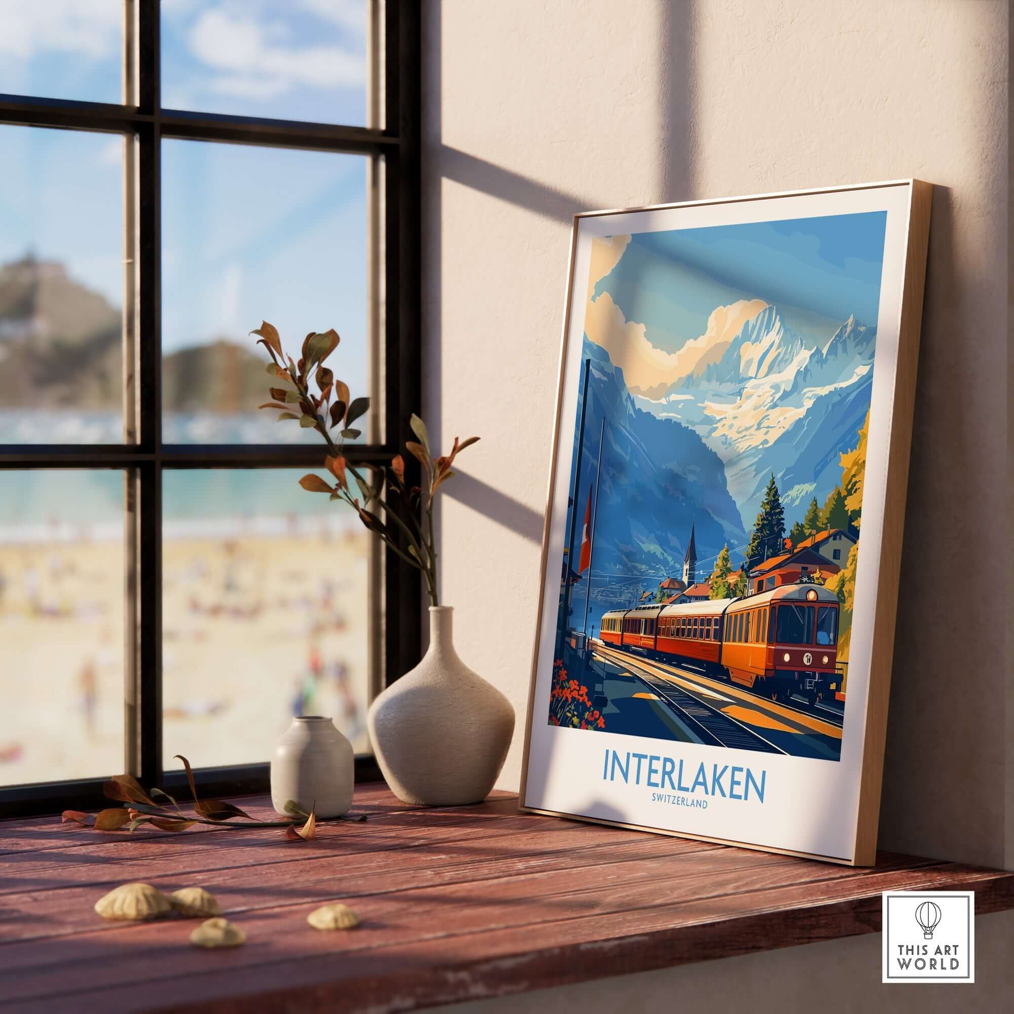 Interlaken Wall Art Print featuring vibrant Alpine scenery and a vintage train near a window.