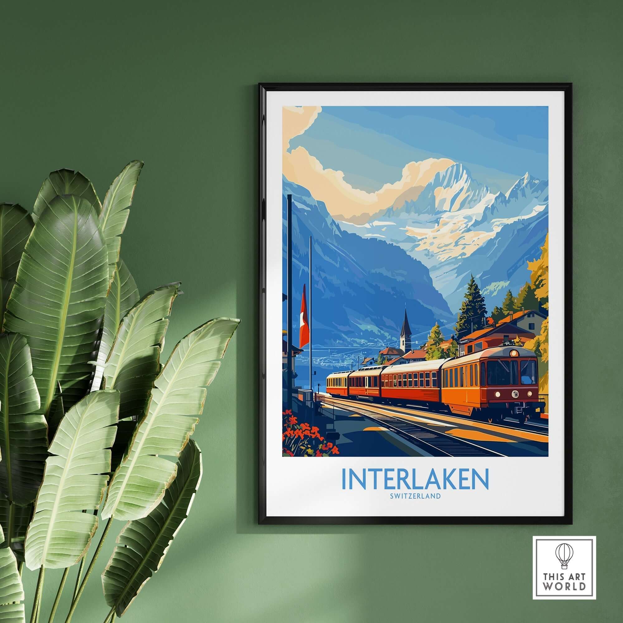 Interlaken Wall Art Print showcasing vibrant Alpine scenery and charming train in Switzerland.