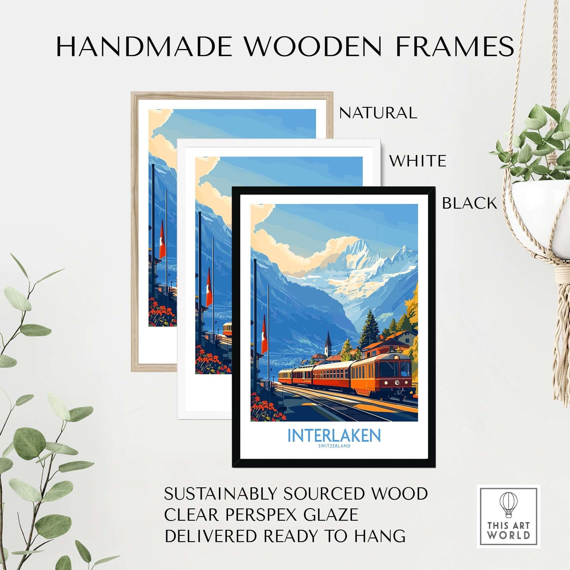 Interlaken Wall Art Print in handmade wooden frames: natural, white, and black options with clear perspex glaze.