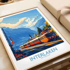 Interlaken Wall Art Print featuring a vintage train and stunning Alpine scenery of Switzerland.