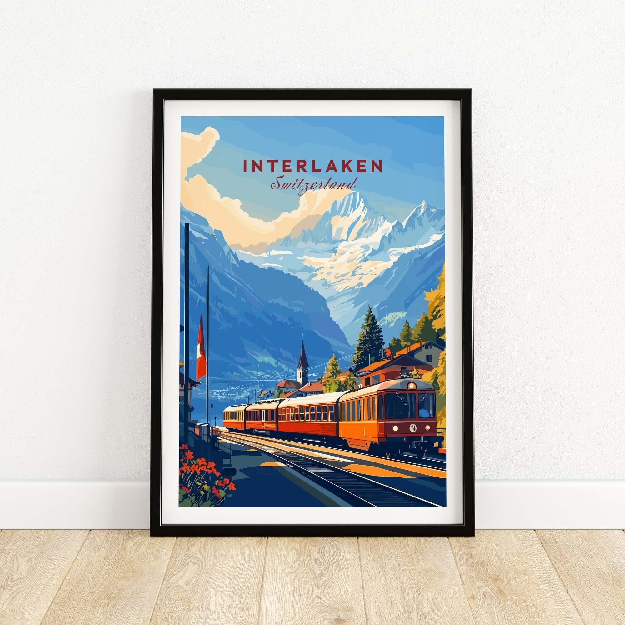 Interlaken Wall Art featuring a scenic Swiss train journey through mountains and valleys.