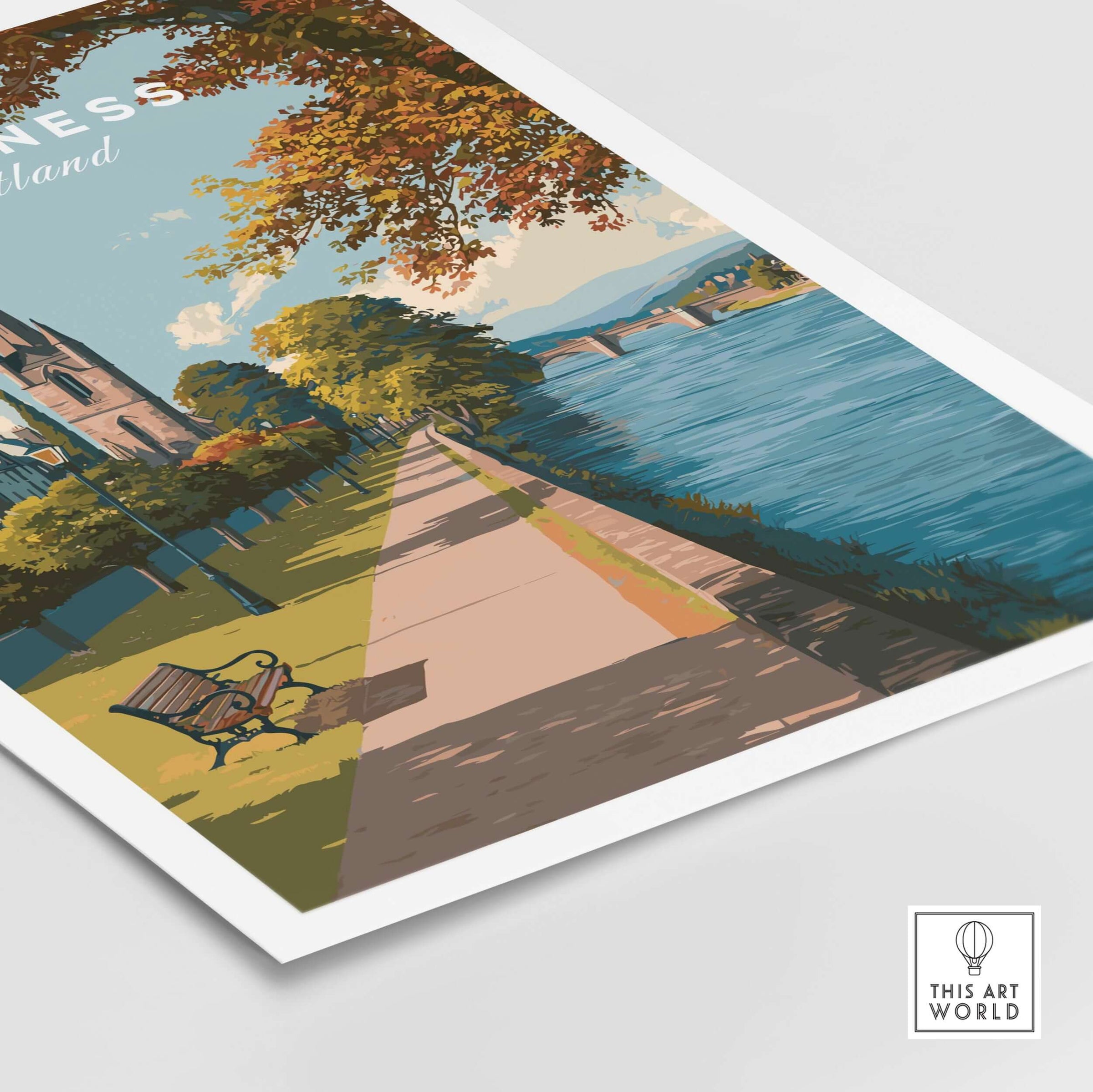 Inverness Autumn Riverside Path View Print | Scottish Travel Wall Art showcasing a scenic riverside trail in fall.