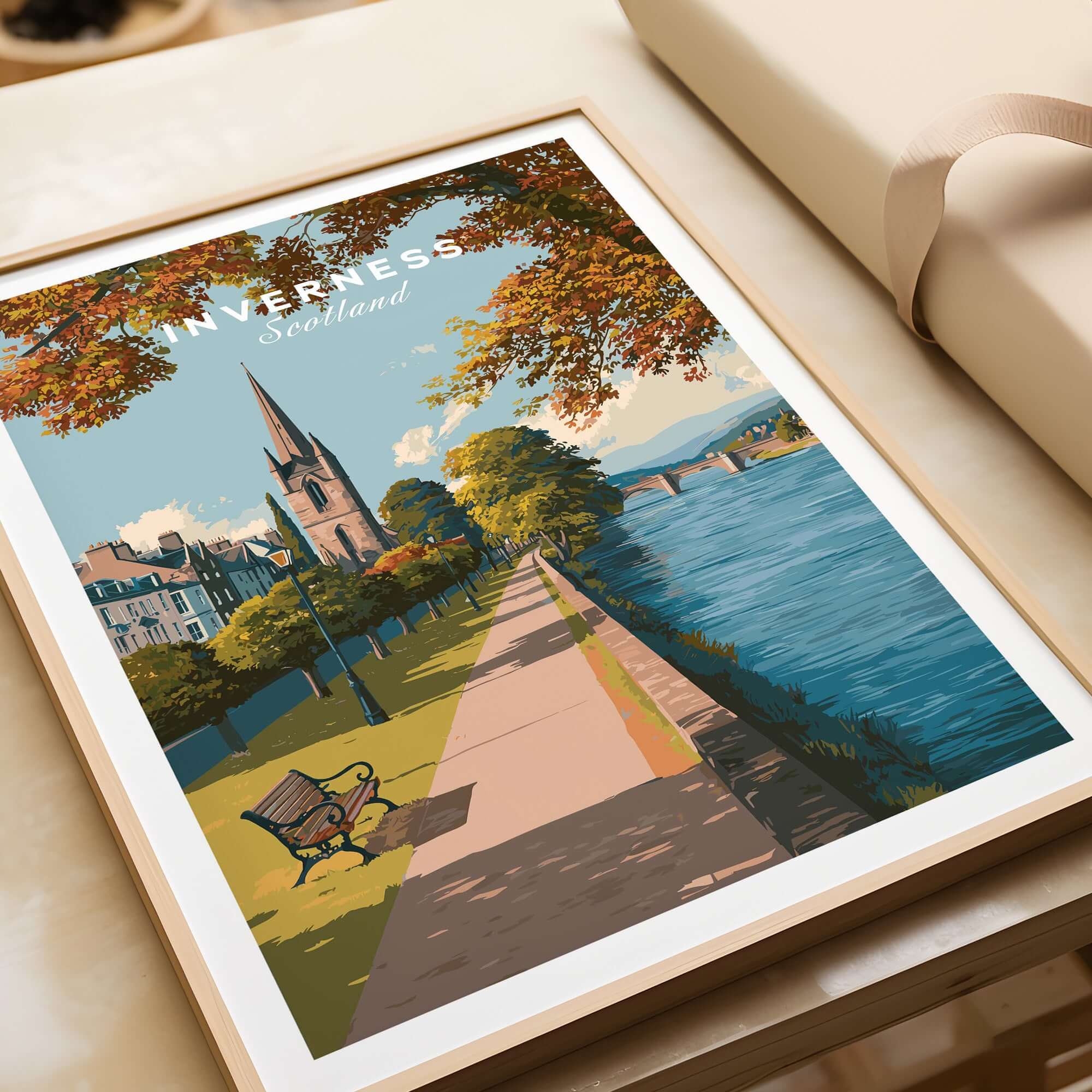 Inverness Autumn Riverside Path View Print | Scottish Travel Wall Art displayed in a chic frame, featuring fall foliage and a river.