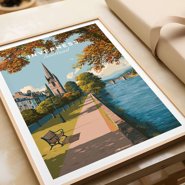 Inverness Autumn Riverside Path View Print | Scottish Travel Wall Art showcasing a scenic riverside path and autumn colors.