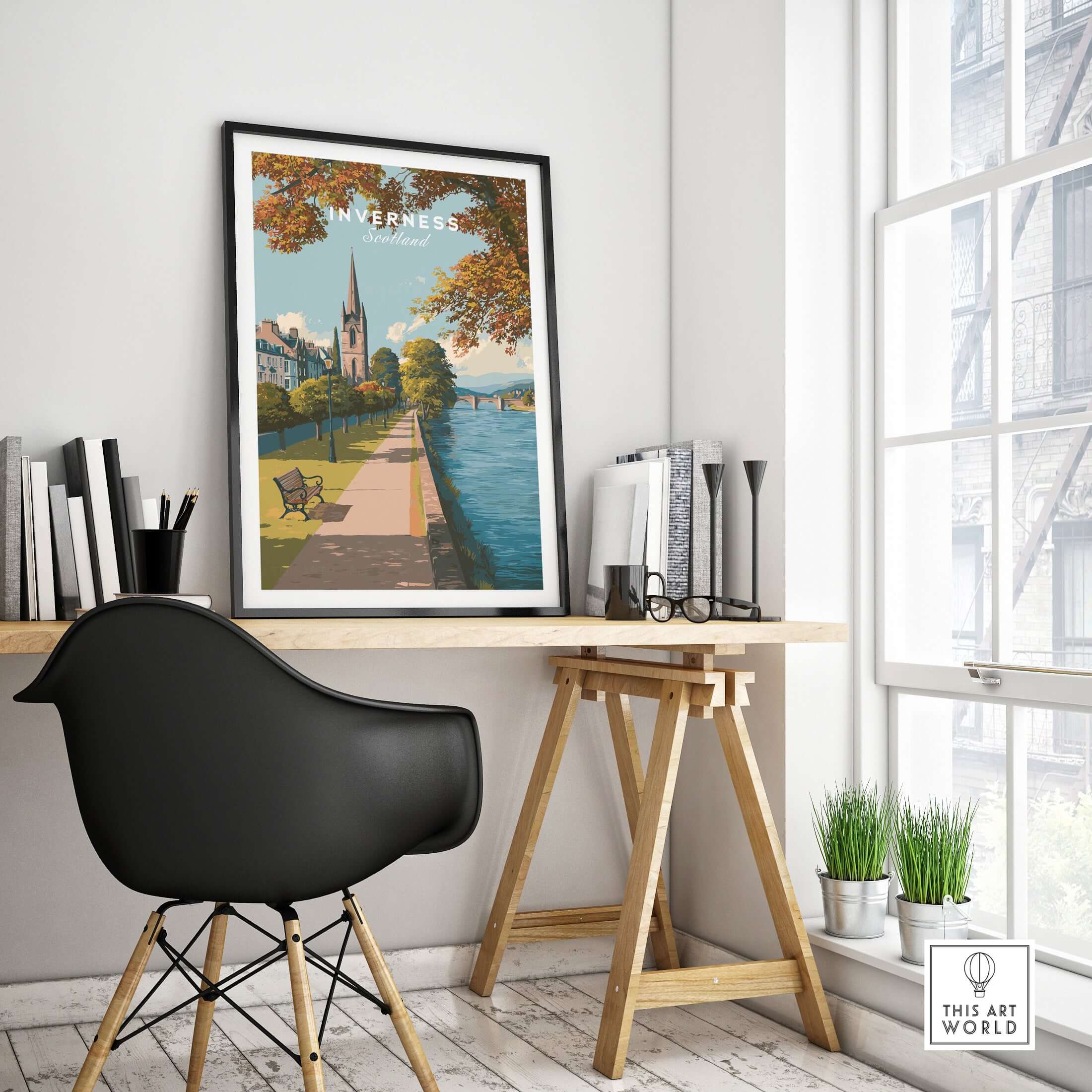 Inverness Autumn Riverside Path View Print | Scottish Travel Wall Art displayed in a stylish interior setting.