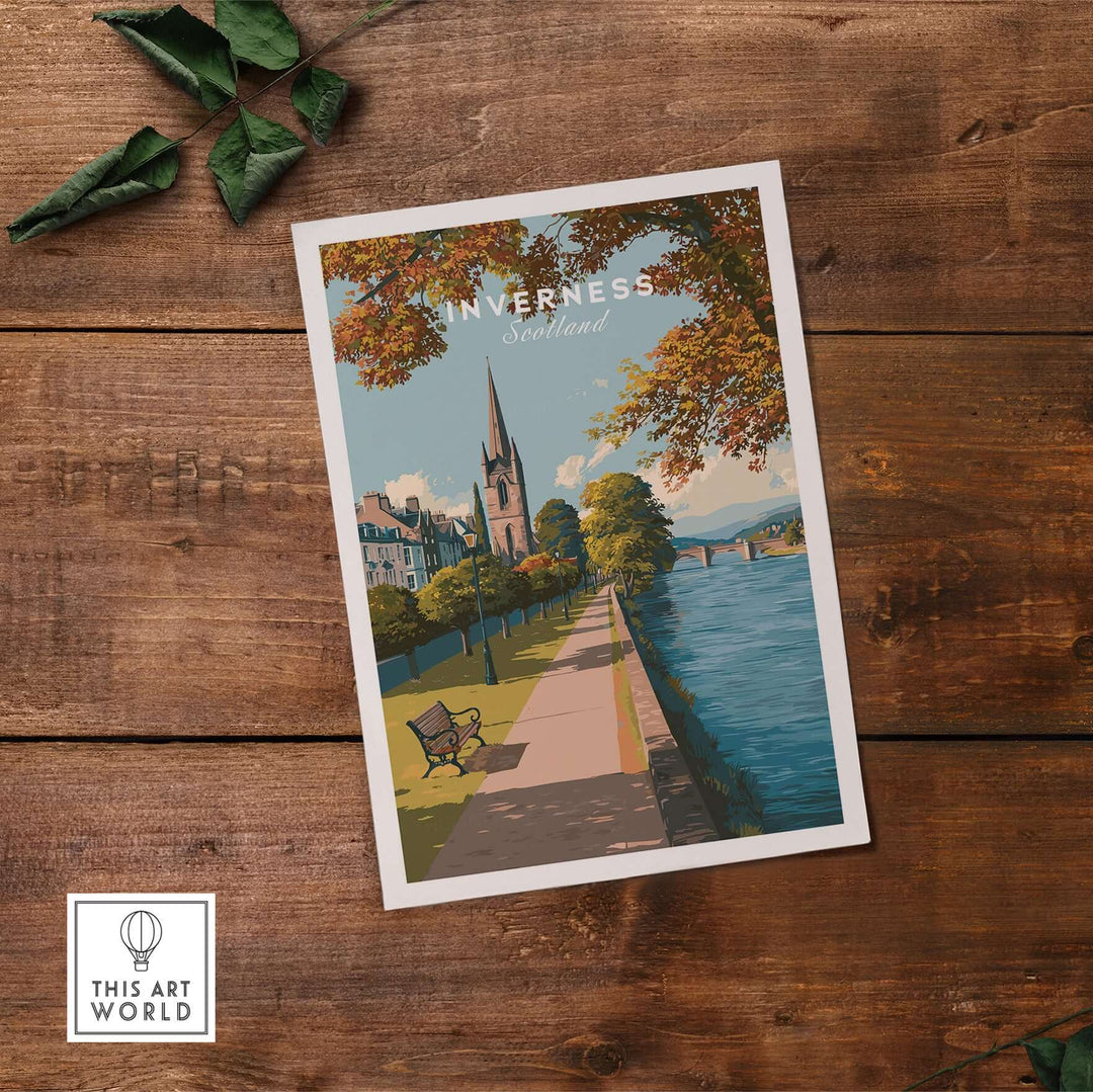 Inverness Autumn Riverside Path View Print | Scottish Travel Wall Art showcasing a tranquil riverside in autumn.