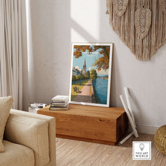 Inverness Autumn Riverside Path View Print | Scottish Travel Wall Art displayed in a cozy living room setting.