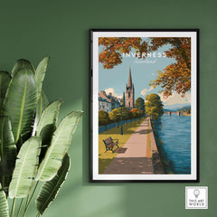 Inverness Autumn Riverside Path View Print | Scottish Travel Wall Art displayed in a modern setting with greenery.