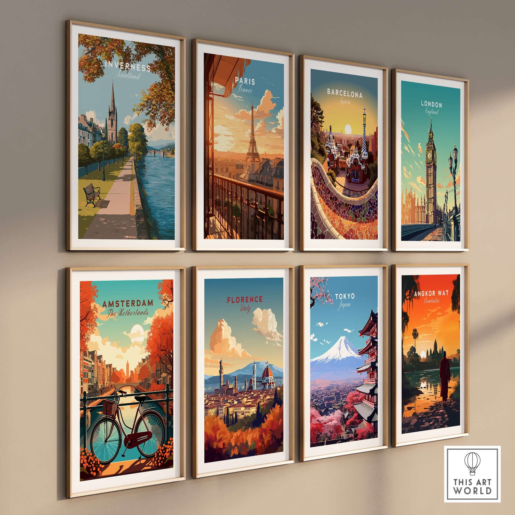 Inverness Autumn Riverside Path View Print | Scottish Travel Wall Art displayed alongside other vibrant cityscape prints.