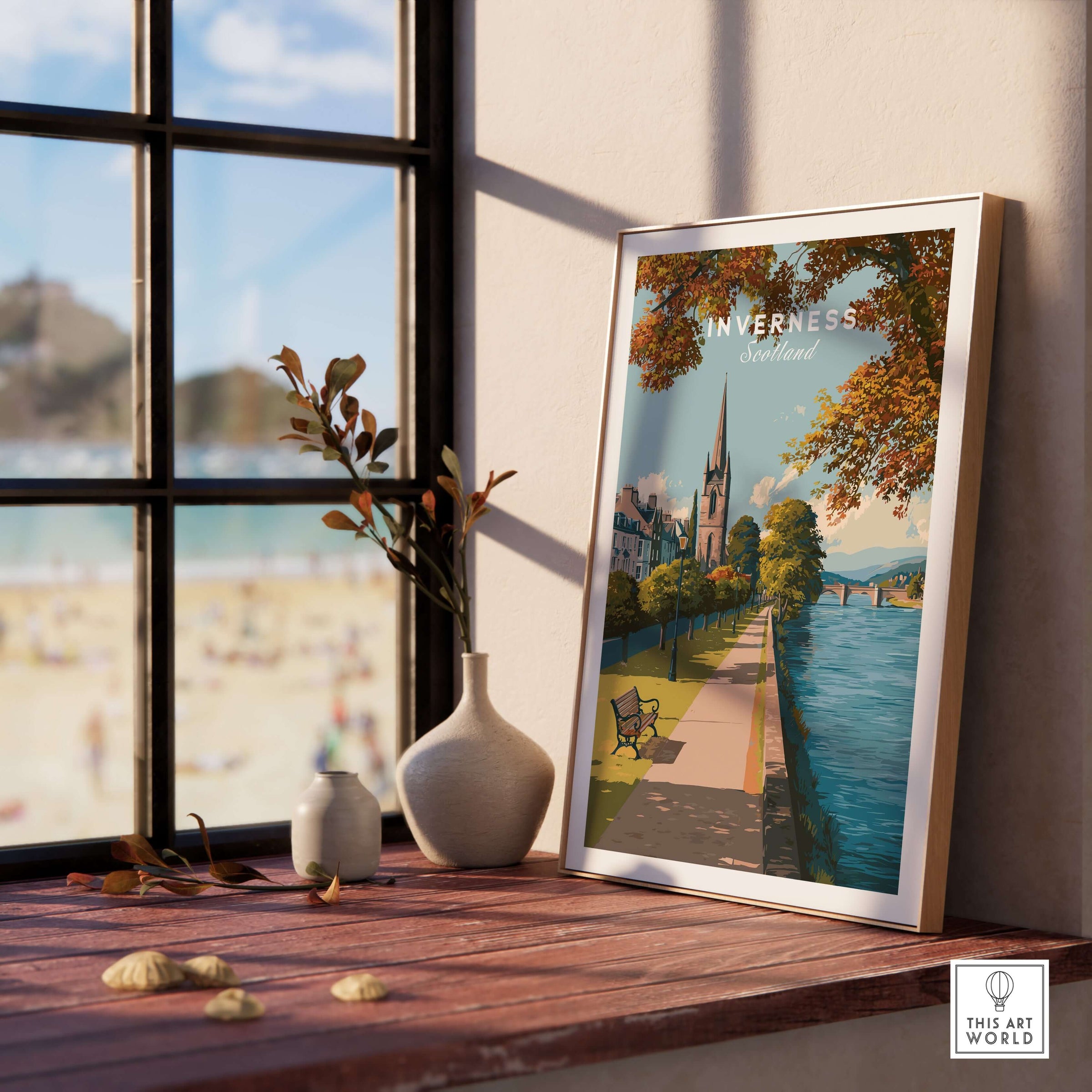 Inverness Autumn Riverside Path View Print | Scottish Travel Wall Art displayed in a cozy interior setting by a window.