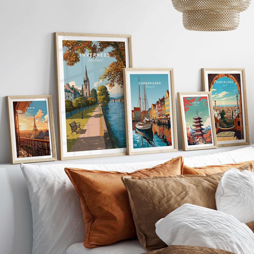 Inverness Autumn Riverside Path View Print | Scottish Travel Wall Art displayed in a cozy living room setting.