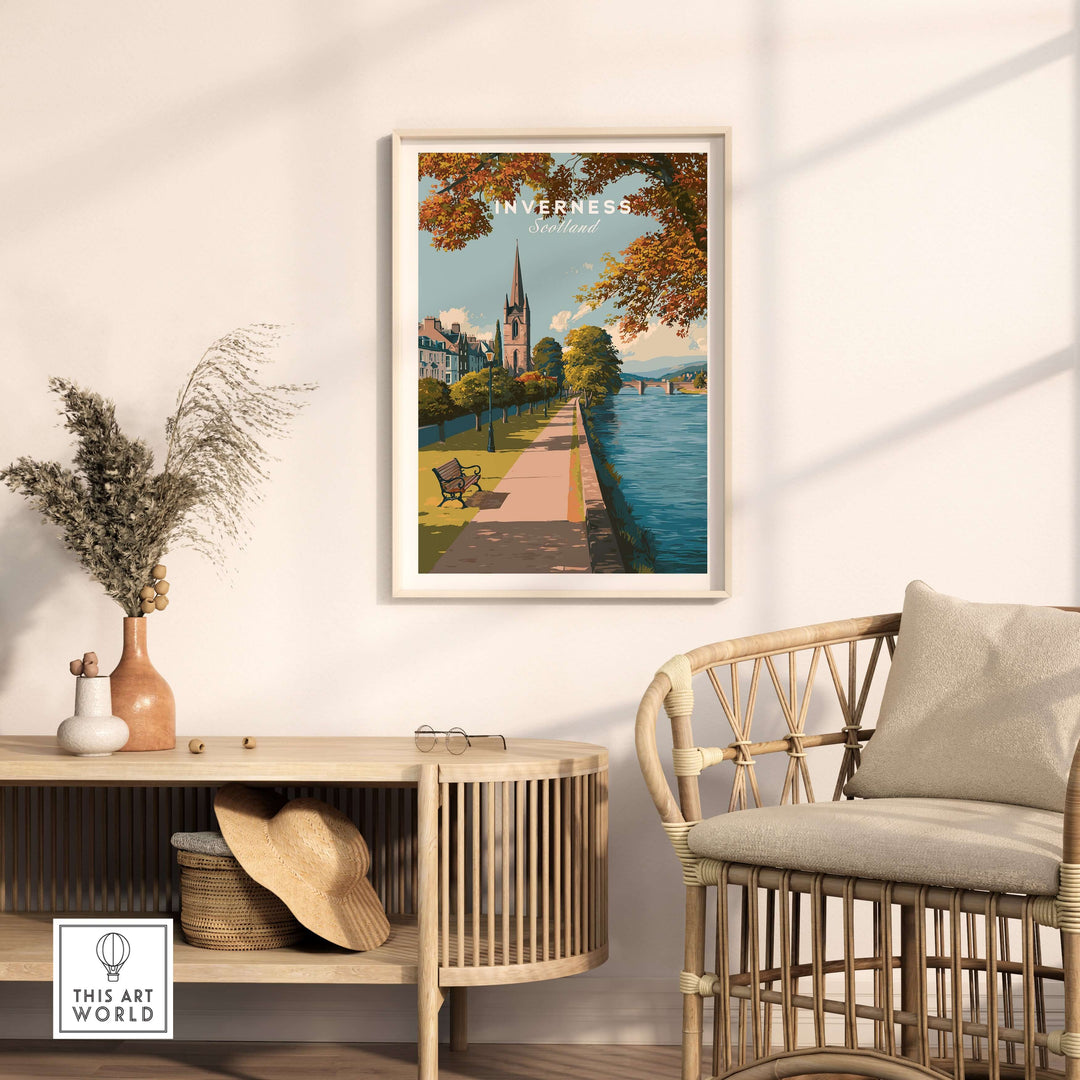 Inverness Autumn Riverside Path View Print | Scottish Travel Wall Art displayed in a cozy interior room.