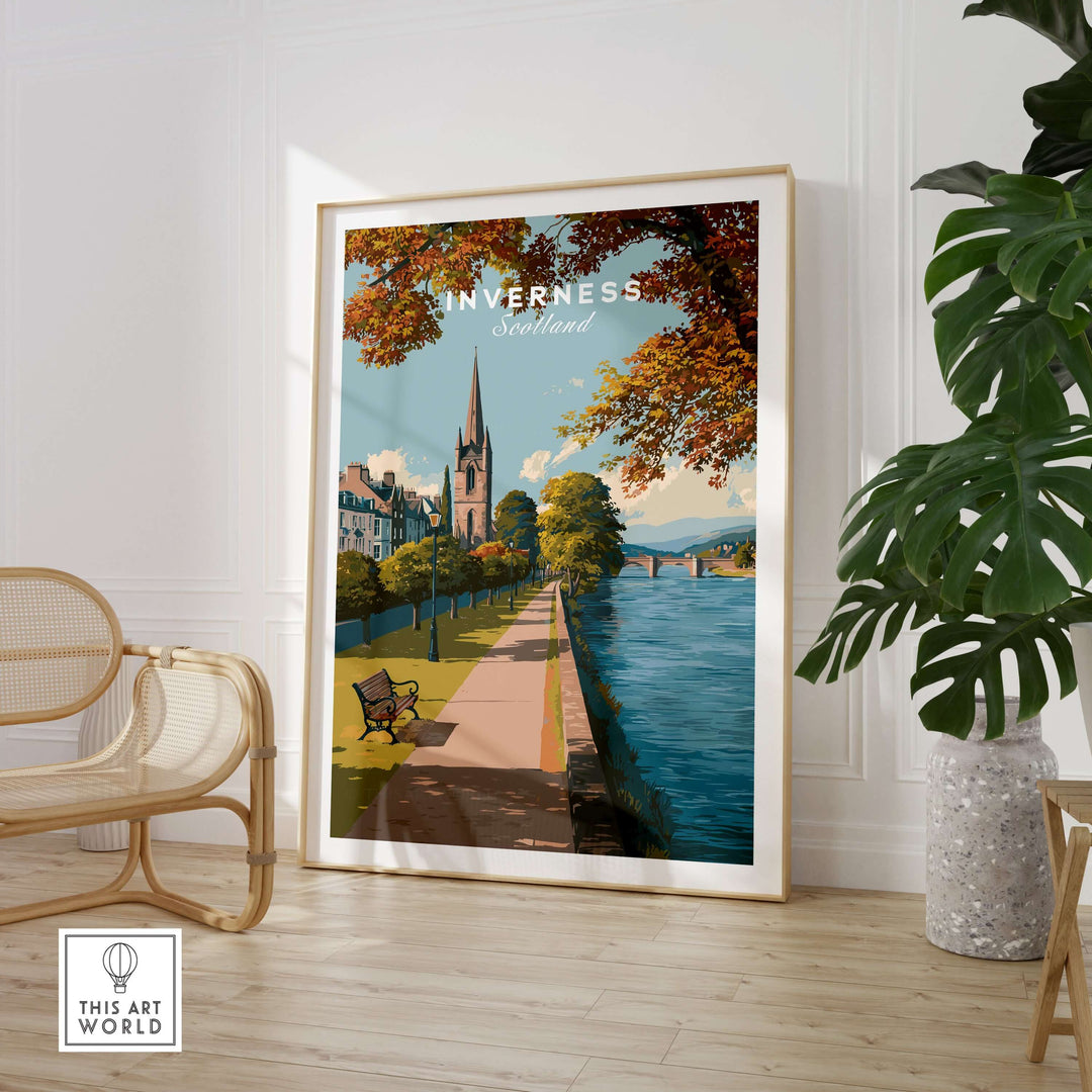 Inverness Autumn Riverside Path View Print | Scottish Travel Wall Art showcasing vibrant fall colors along a tranquil riverside.