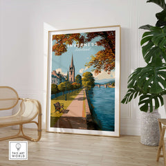Inverness Autumn Riverside Path View Print | Scottish Travel Wall Art showcasing vibrant fall colors along a tranquil river.