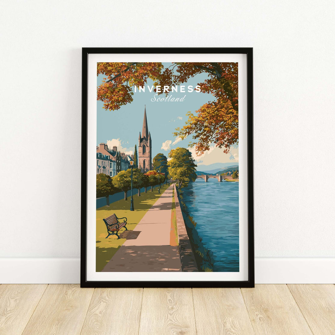 Inverness Autumn Riverside Path View Print | Scottish Travel Wall Art showcasing a tranquil riverside trail in fall colors.