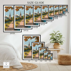 Inverness Autumn Riverside Path View Print | Scottish Travel Wall Art size guide showing available frame options.