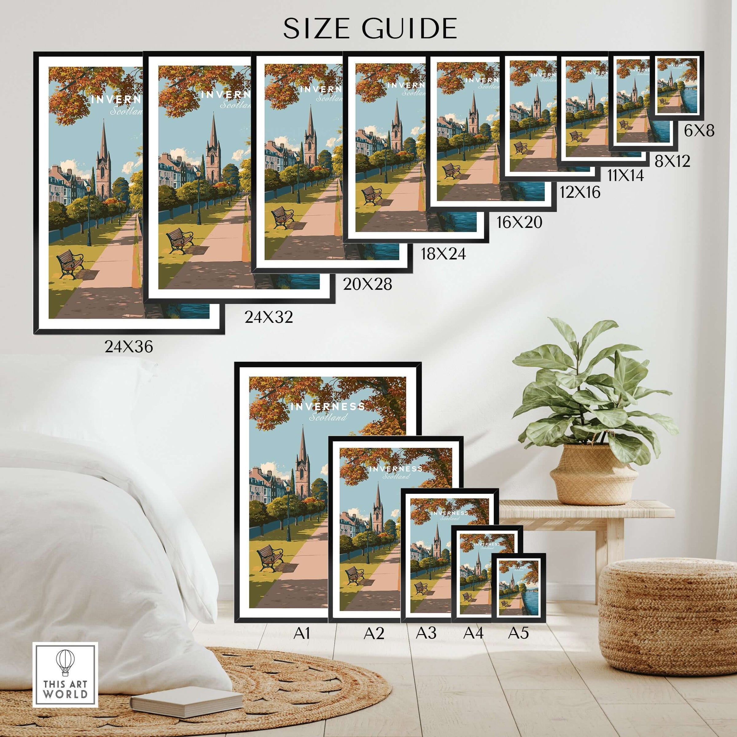 Inverness Autumn Riverside Path View Print | Scottish Travel Wall Art size guide showing available frame options.