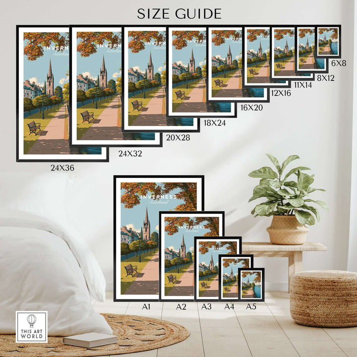 Inverness Autumn Riverside Path View Print | Scottish Travel Wall Art size guide showcasing various frame sizes