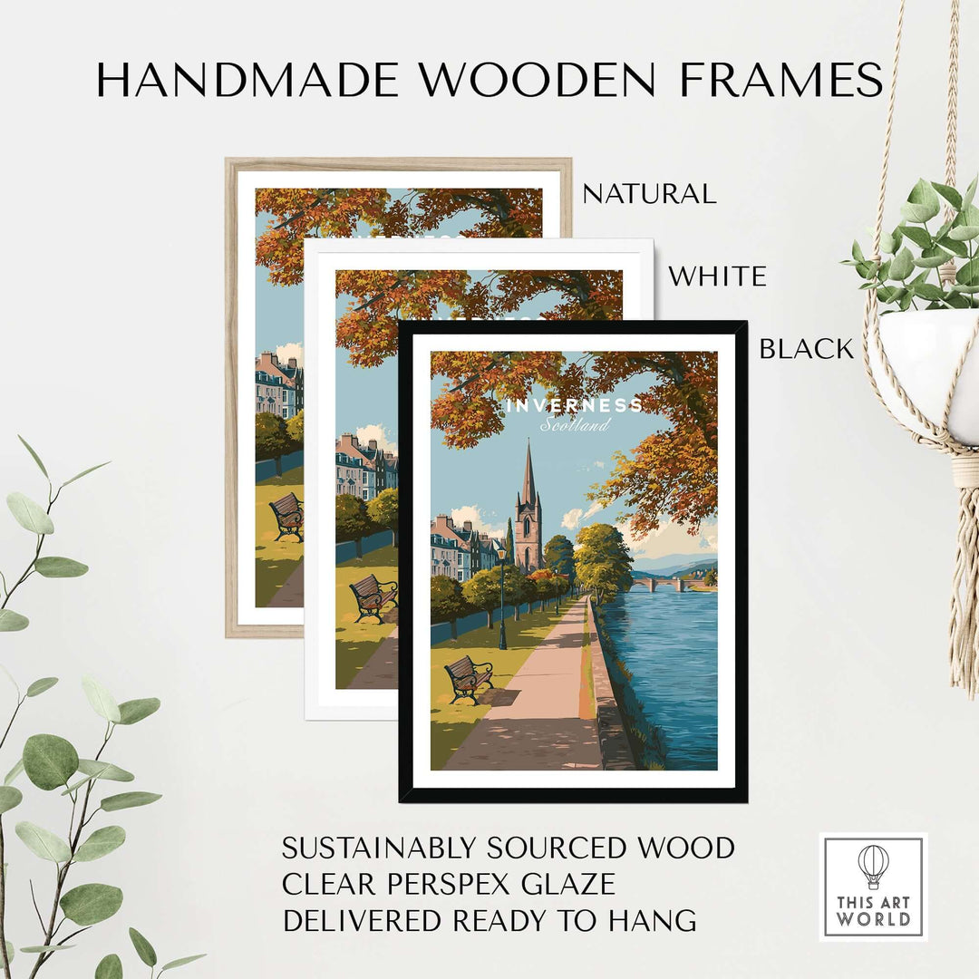 Handmade wooden frames in natural, white, and black for Inverness Autumn Riverside Path View Print | Scottish Travel Wall Art.