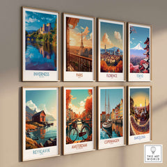 Inverness Scotland Art Print | Highland Landmark Poster displayed among various city art prints on a trendy wall.