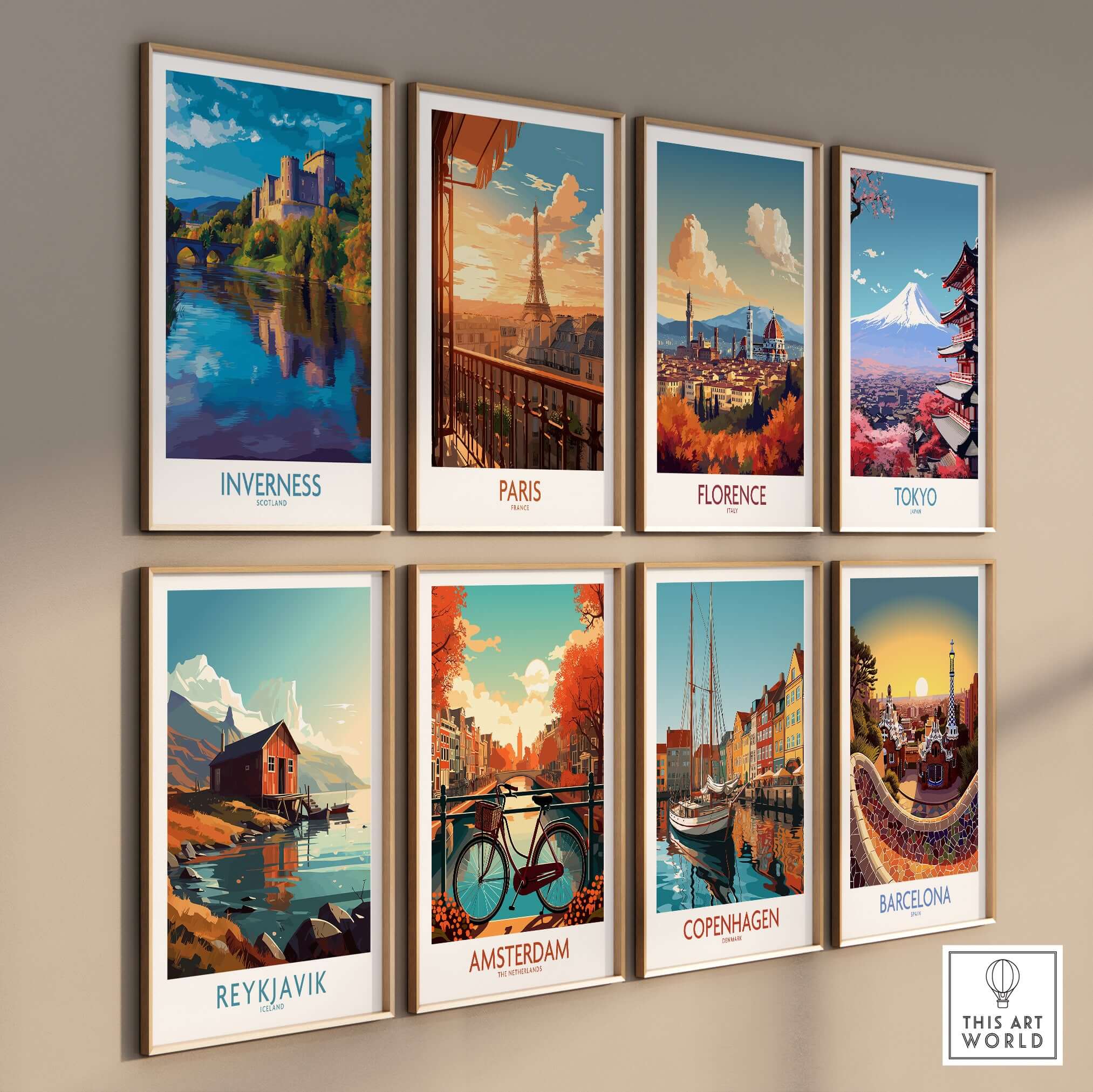 Inverness Scotland Art Print | Highland Landmark Poster displayed among various city art prints on a trendy wall.