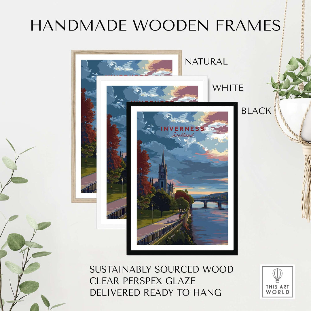 Handmade wooden frames for Inverness Print | Scottish Cityscape Wall Art in natural, white, and black finishes.