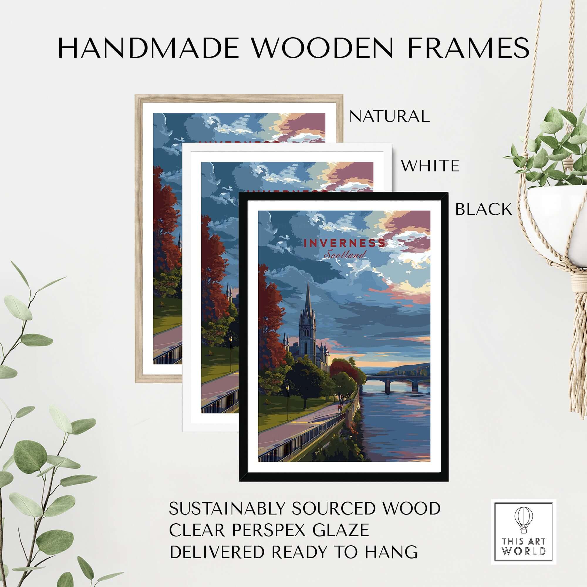 Inverness Print | Scottish Cityscape Wall Art framed in natural, white, and black handmade wooden frames.