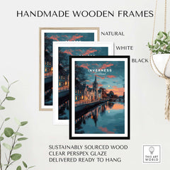 Inverness Print | Highland Wall Decor displayed in handmade wooden frames, available in natural, white, and black finishes.