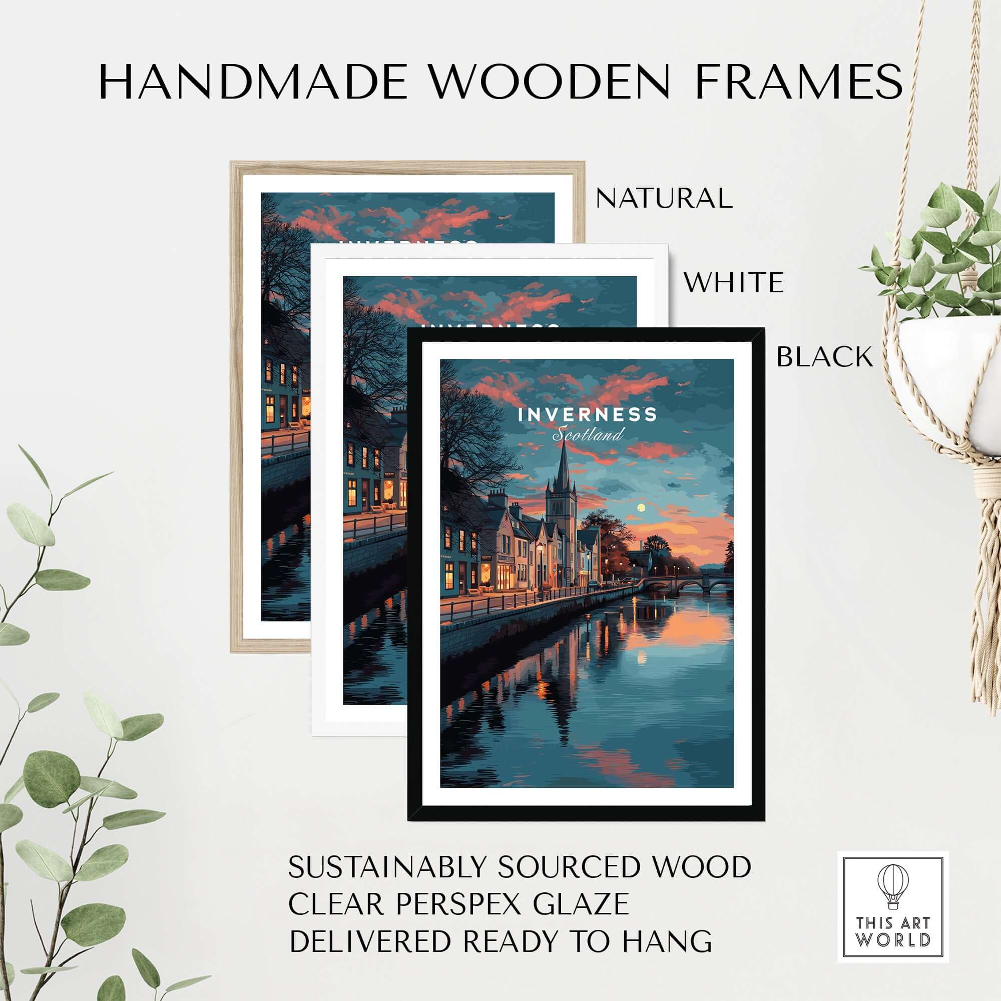 Inverness Print | Highland Wall Decor displayed in handmade wooden frames, available in natural, white, and black finishes.