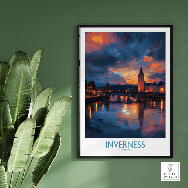 Inverness Print | Highland Home Decor featuring a vibrant landscape of Inverness, Scotland with a stunning sunset.