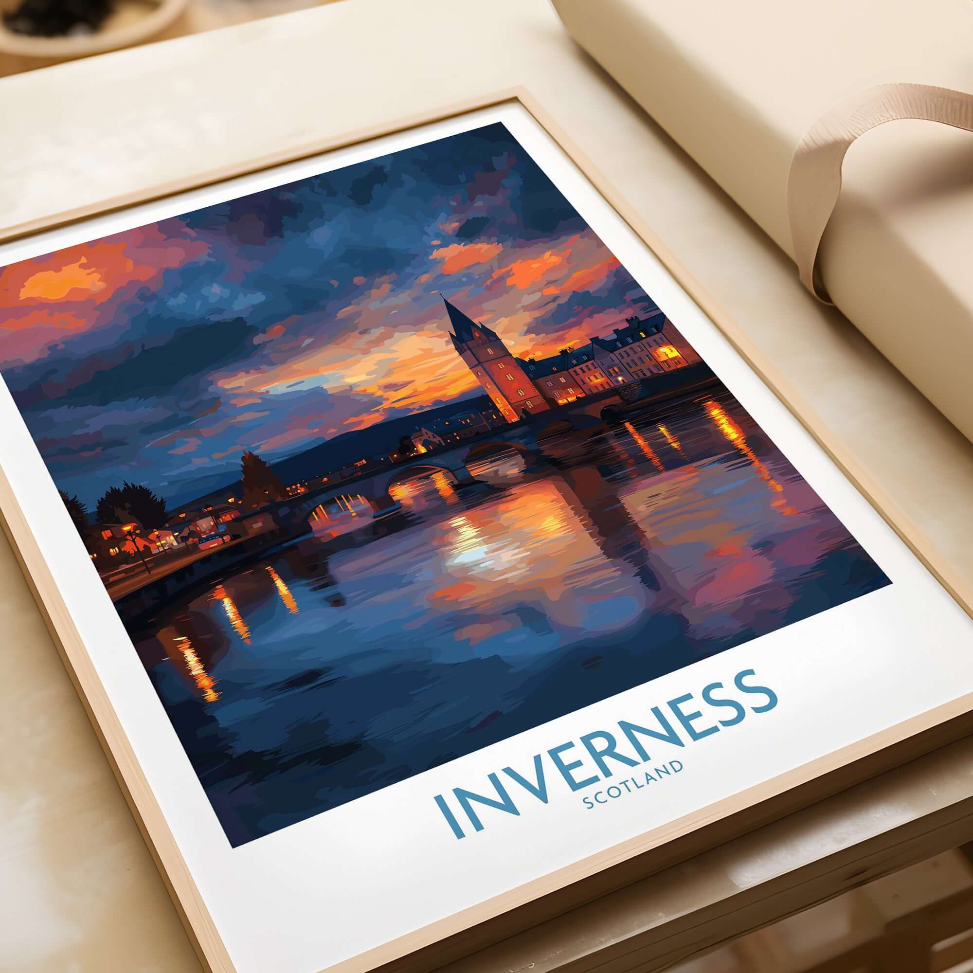 Inverness Print | Highland Home Decor showcasing a vibrant sunset over the Scottish Highlands river.