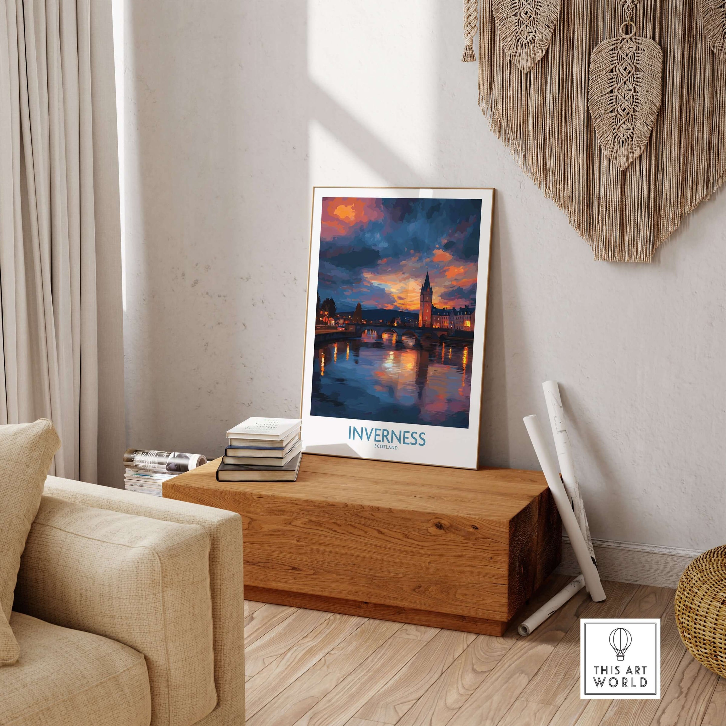 Inverness Print | Highland Home Decor displayed in a cozy living room with warm lighting and natural textures.