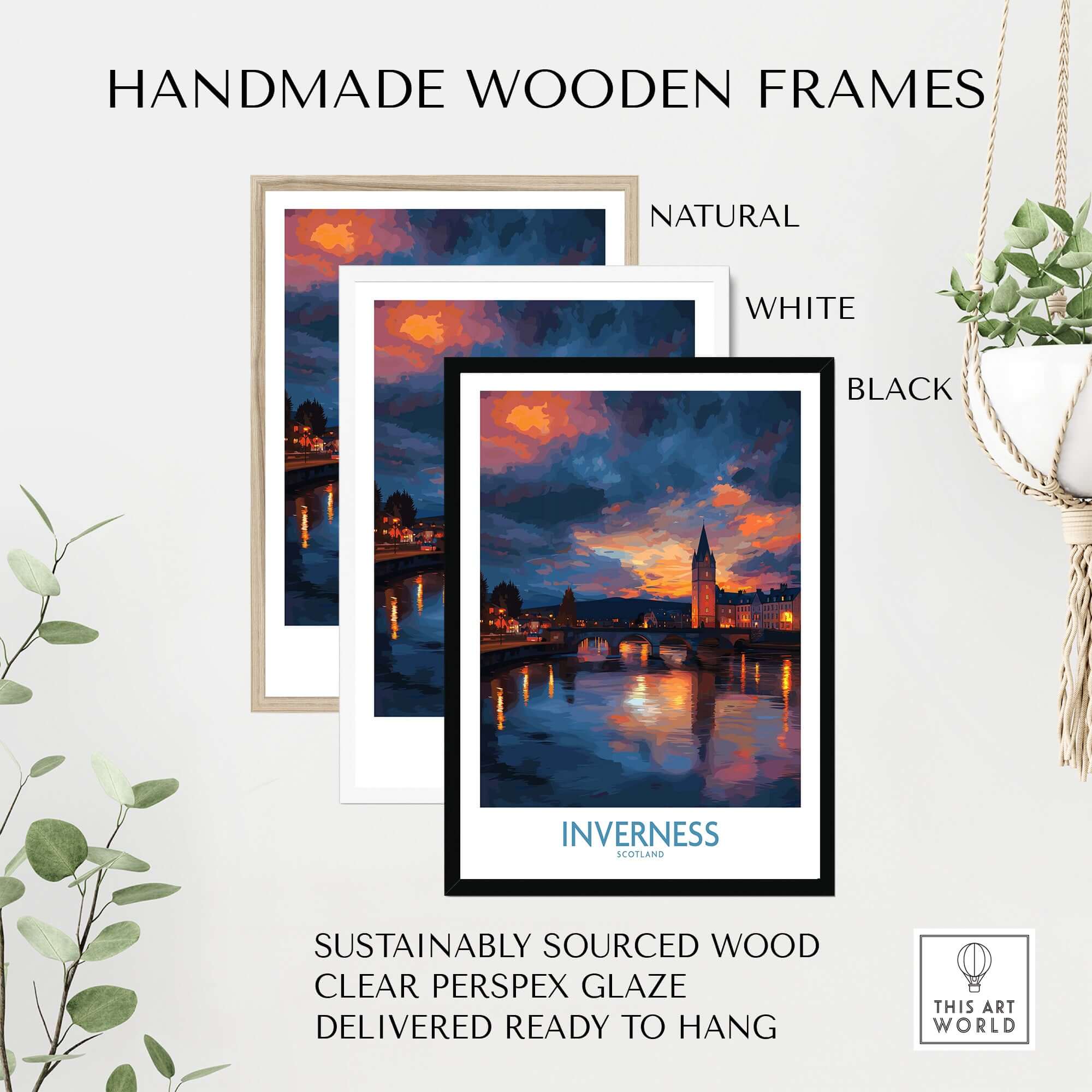 Inverness Print | Highland Home Decor in handmade wooden frames: natural, white, and black.