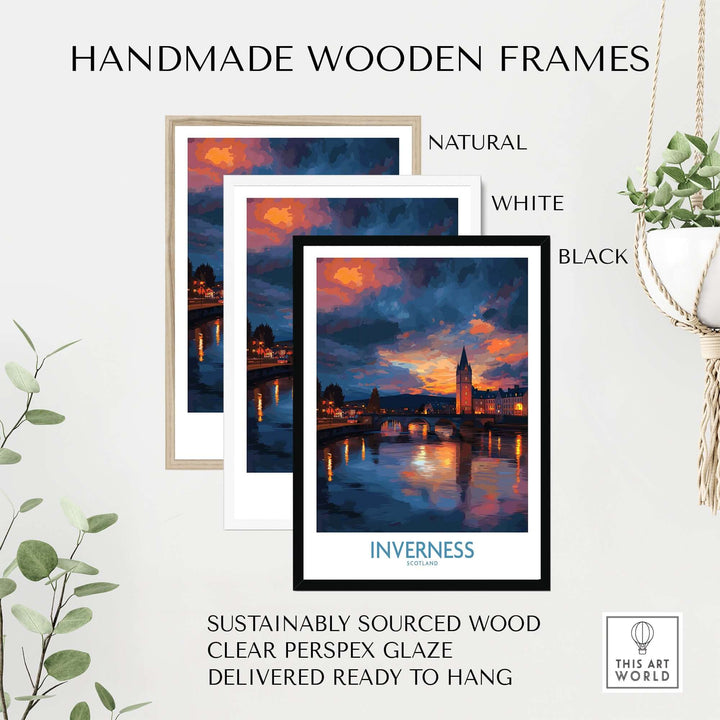Inverness Print | Highland Home Decor displayed in handmade wooden frames in natural, white, and black finishes.