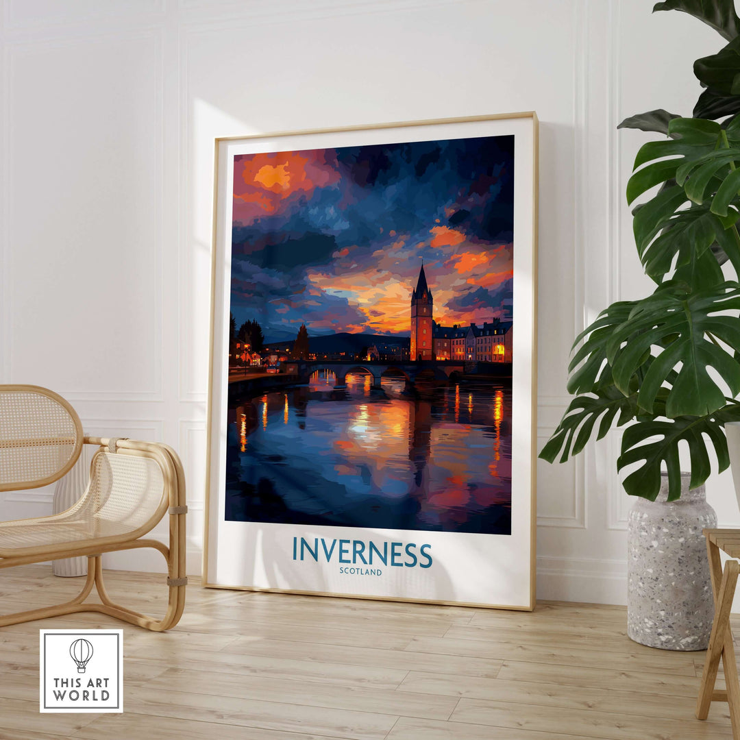 Inverness Print | Highland Home Decor showcasing a vibrant sunset over the Inverness skyline in Scotland.