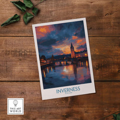 Inverness Print | Highland Home Decor showcasing the scenic beauty of Inverness, Scotland at sunset on wooden background.