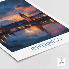 Inverness Print | Highland Home Decor showcasing a scenic view of Inverness, Scotland at sunset with vibrant colors.