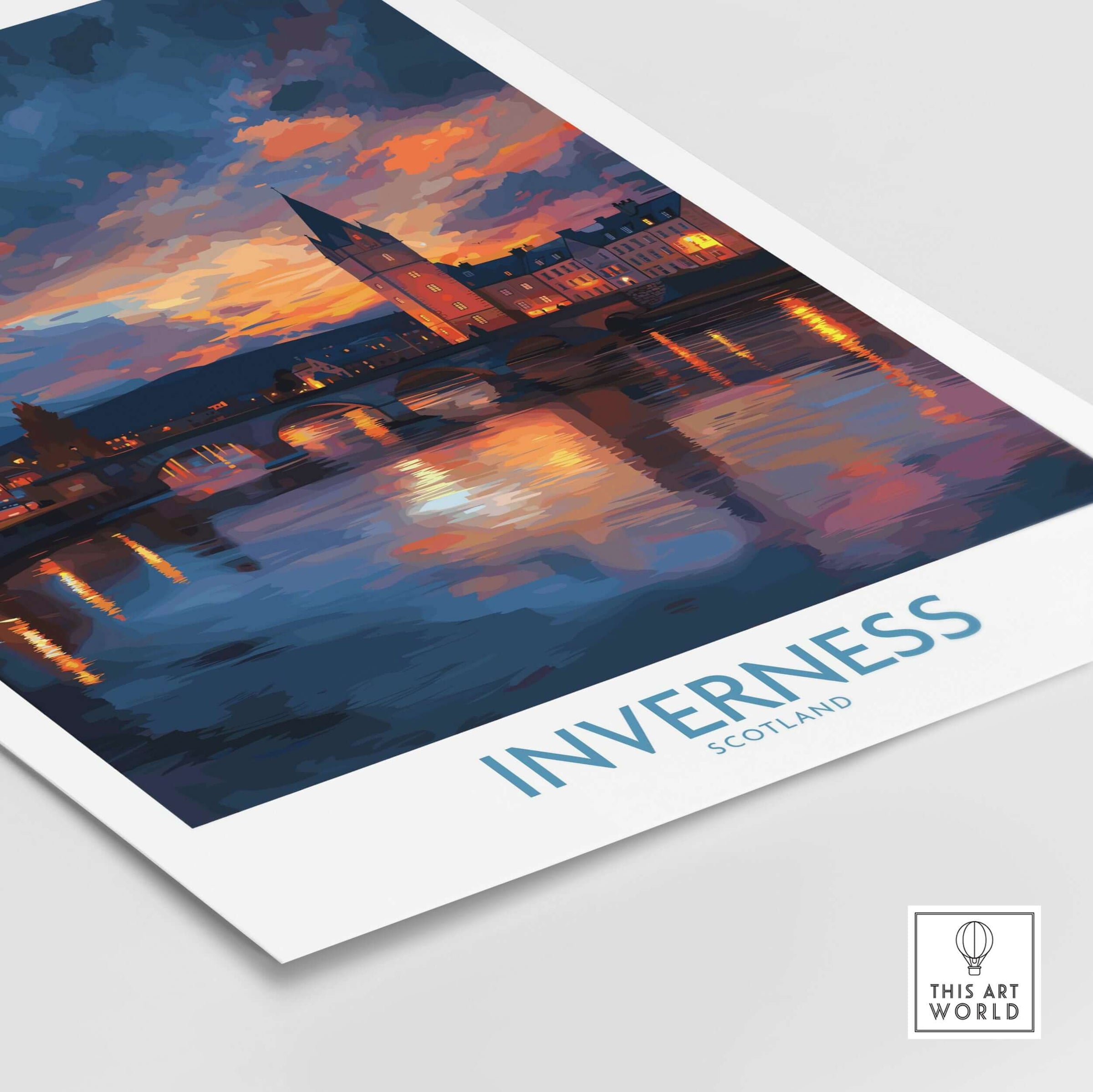 Inverness Print | Highland Home Decor showcasing a scenic view of Inverness, Scotland at sunset with vibrant colors.