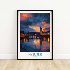 Inverness Print | Highland Home Decor featuring vibrant sunset landscape of Inverness, Scotland with a river and tower.