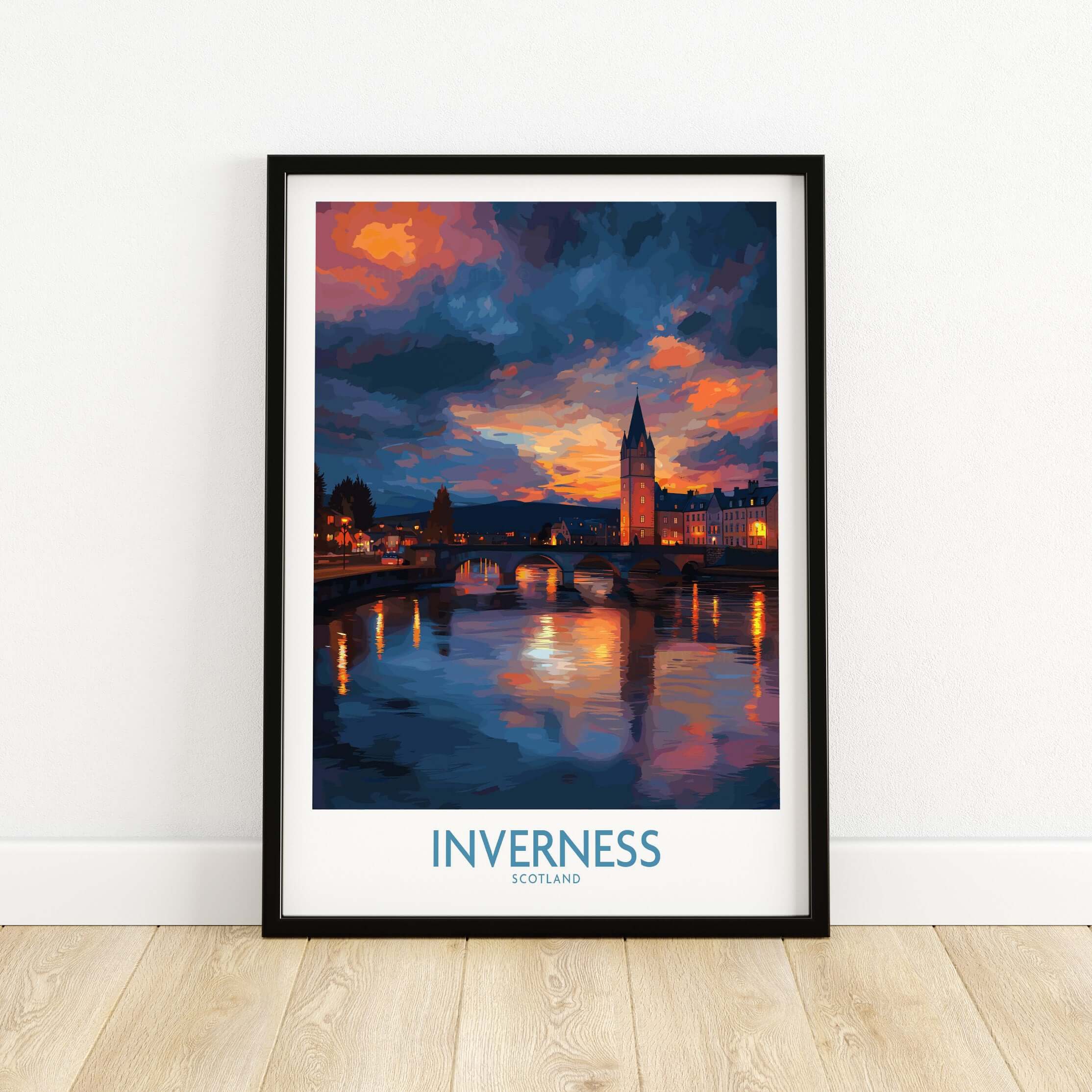 Inverness Print | Highland Home Decor featuring vibrant sunset landscape of Inverness, Scotland with a river and tower.