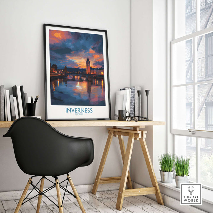 Inverness Print | Highland Home Decor framed in a modern workspace showcasing Highland-inspired interior design.