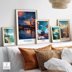 Inverness Print | Highland Home Decor showcased among world travel art pieces on a stylish interior wall.