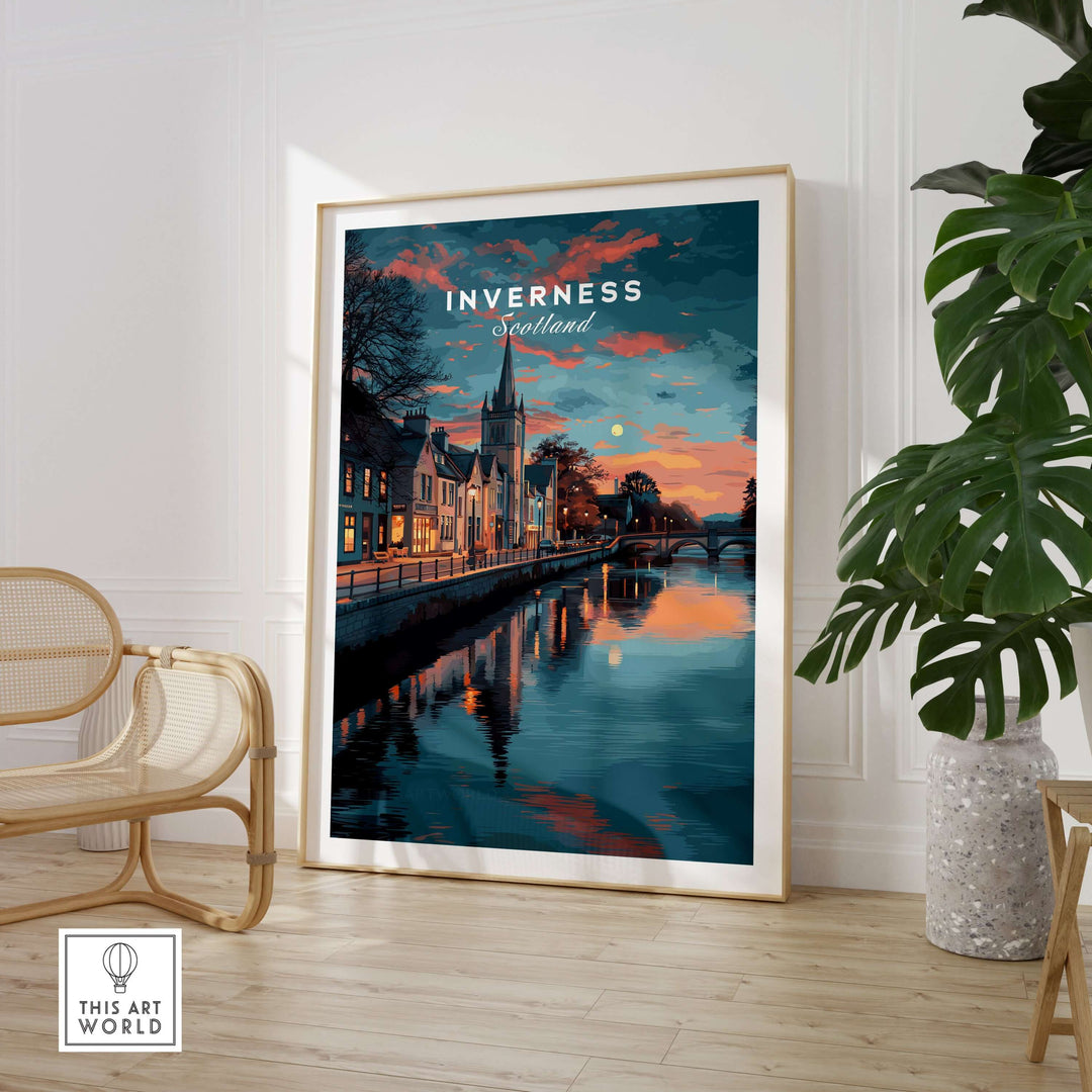 Inverness Print | Highland Wall Decor showcasing a scenic view of Inverness, Scotland at sunset with river reflection.