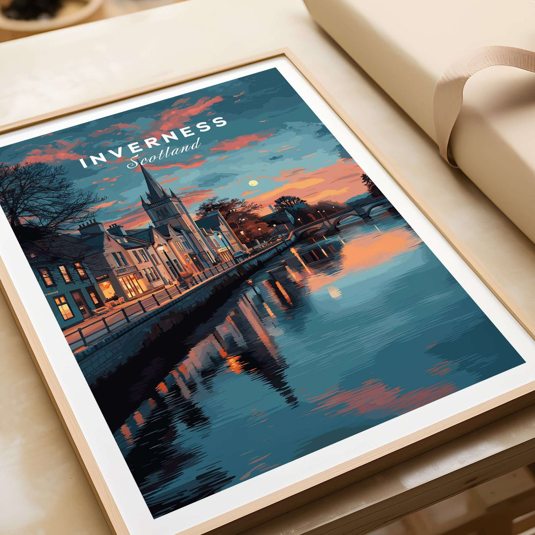 Inverness Print | Highland Wall Decor showcasing a scenic view of Inverness, Scotland at sunset with reflections in the water.