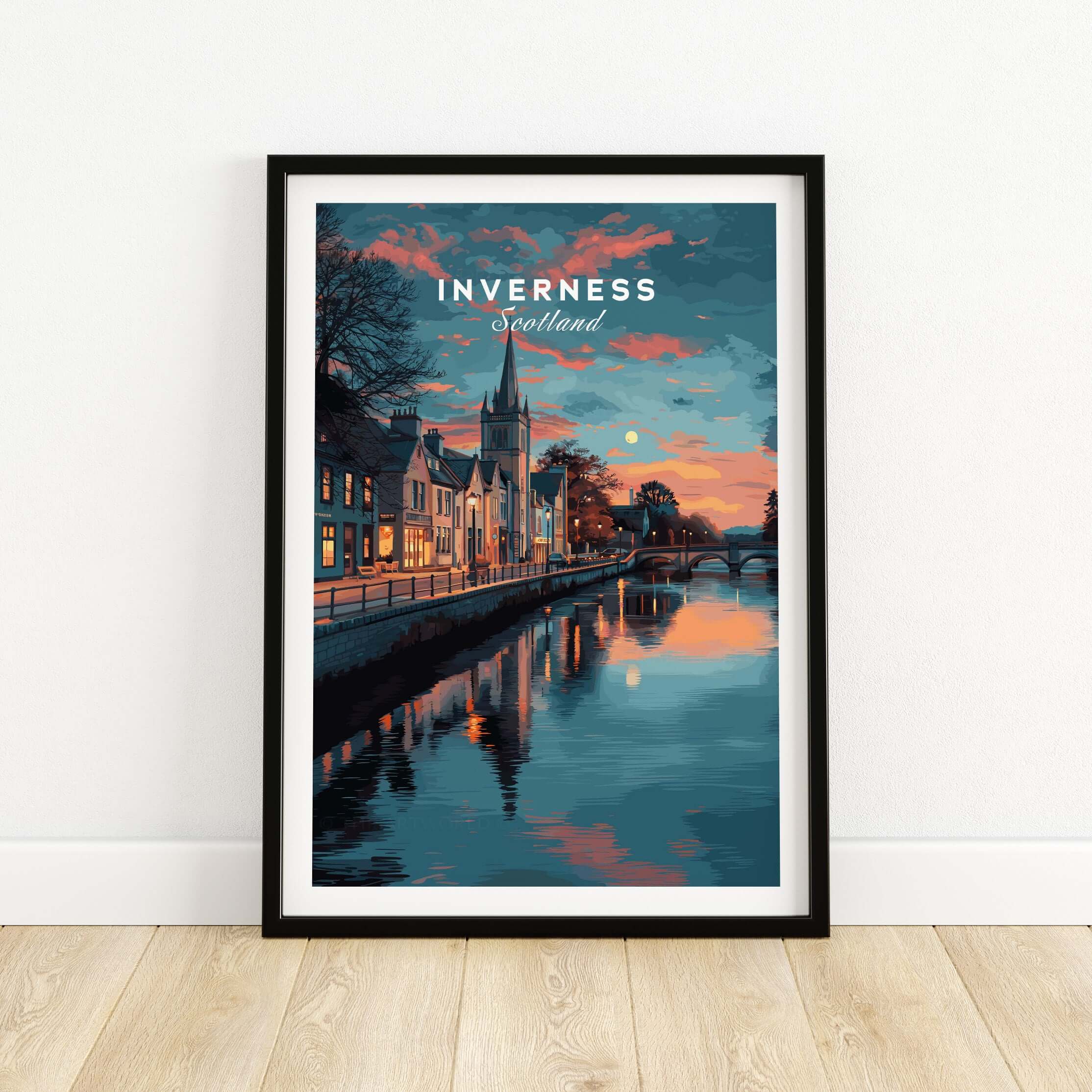 Inverness Print | Highland Wall Decor featuring a scenic Scottish landscape at sunset.